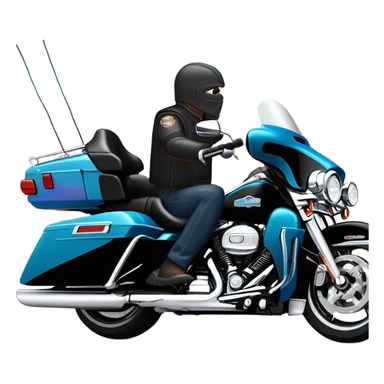 angled frontend view of a harley davidson electra glide ultra classic with big blue pearl and vivid black two color paint scheme with recurve windshield, a radio antenna and a citizen's band radio antenna and an older white man without a helmet sitting on the front seat. sticker