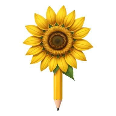 A hyper-realistic object that is half sunflower and half wooden pencil, merging seamlessly at the midpoint. Bright yellow petals, natural textures, detailed graphite tip, soft studio lighting, high-resolution. sticker