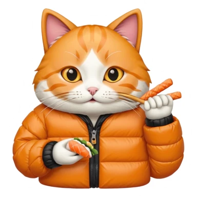 cat wearing a puffy jacket and eating sushi sticker
