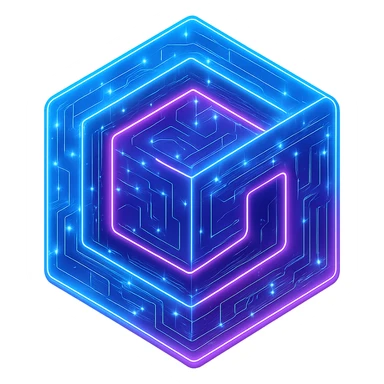 Transform the Gamecube logo into a cyberpunk, holographic style with glowing neon blue and pink edges, circuit patterns throughout the entire icon, and a transparent background. Maintain the recognizable Gamecube cube shape and purple color, overlaying neon and circuit effects in the same futuristic, clean style as previous cyberpunk icons. The whole icon should have a consistent cyberpunk glow and intricate circuit details in a sleek, futuristic manner. sticker