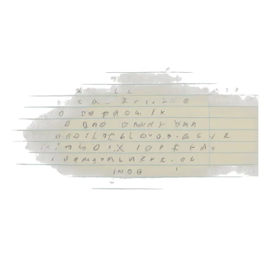 a square-shaped sheet of paper with neatly written text in handwriting. Some words are highlighted in color. sticker