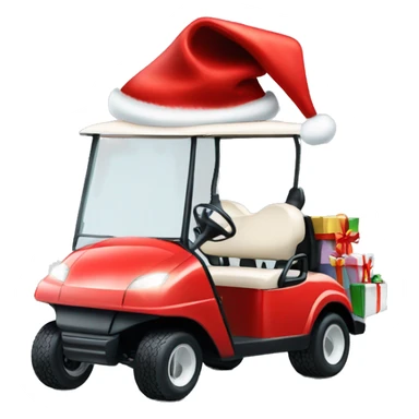 White golf cart with Santa hat, presents and lights on tip sticker