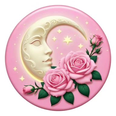 A round pink button with a light cream full damask moon and pink roses in the center sticker