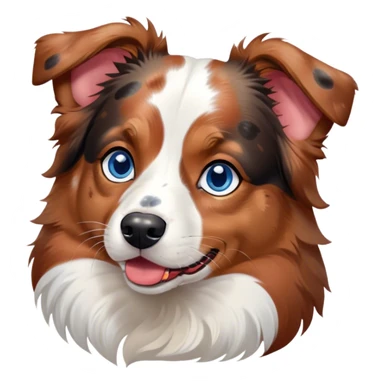 Cinematic Cute Calico Australian Shepherd Portrait Emoji, Head tilted playfully and inquisitively, predominantly white coat with patches of black, tan, and red calico merle markings, round, sparkling blue eyes filled with curiosity, Simplified yet irresistibly adorable features, highly detailed, glowing with a warm, friendly glow, high shine, affectionate and lively, stylized with a touch of whimsy, bright and endearing, soft glowing outline, capturing the essence of a mischievous yet loving pup, so playful it feels like it could bound out of the screen and into your arms! sticker