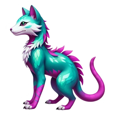 Kawaii colorful iridescent dark-turquoise-green and magenta and white beautiful pretty elegant divine edgy feline-vernid-sergal-Fakémon-Pokémon-fursona-animal-creature with accessories, full body, with intricate detailed markings sticker