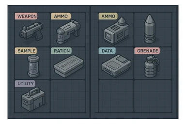 a virtual display, a gray grid with darker gray cells, each cell containing an item viewed in isometric minimalism render The cells have pastel neon colored labels in their upper corner, indicating various traits of the items. retrofuturism, circa 2880's.
The items are scientific and military in nature - varieties of munitions, scientific samples, rations, data storage, utilities. There are two arrays of grids, one left, one right. Each array has a few empty spaces at the bottom sticker