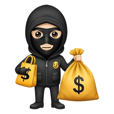 a burglar emoji holding a bag with a dollar sign on it, with a black mask sticker