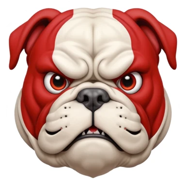 Create a fierce bulldog head emoji facing forward.
Strong jaw, deep wrinkles, and an intense scowl.
Small folded ears, sharp focused eyes, slight underbite with two visible fangs.
Style: modern esport mascot — clean lines, high contrast, intimidating but iconic.
Transparent background. sticker