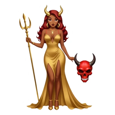 Sexy, playboy woman brown courtly hair seductress devil horns gold long dresss with slit, Jessica rabbit style holding a skull  sitting on top of gold wearing tall platform heels sticker