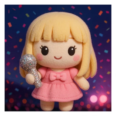 Pretty and girly Blonde pop star with bangs, holding a bedazzled microphone, reimagined as a soft kawaii plushie doll, with a nighttime concert backdrop with colorful confetti sticker