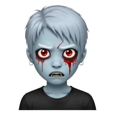 3D emoji-style avatar with very pale blue-grey zombie skin , a young Asian face, and large eyes with blood tears. Give it white litle bit messy mullet hair style , silver hoop earrings, and a plain black T-shirt. The face expression should be slightly angry, with vampire fang sticker