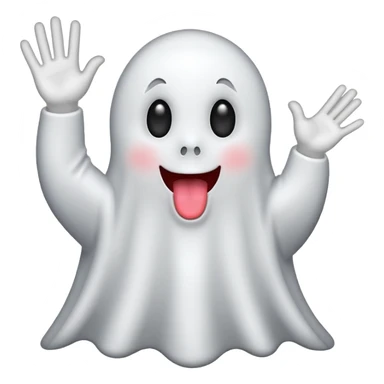 ghost emoji with tongue out with one hand up and one down and 6 above the left hand and 7 above the right hand sticker