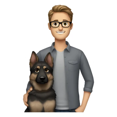 a handsome guy with brown hair, black thin stylish glasses and grey eyes hugging he grey german shepherd sticker