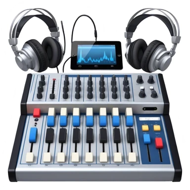 Create a professional and technical emoji that represents sound engineering. The design should feature a sound mixing console with faders, a pair of studio headphones, and audio waveforms to symbolize the precision and technicality of sound mixing and mastering. Include elements like a microphone or audio cables to reflect the recording aspect. Use colors like silver, black, and dark blue to represent the technical, yet artistic side of sound engineering. The background should be transparent. sticker