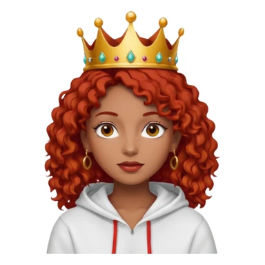 Slim girl with a fine face, dark chocolate-colored and tanned skin, medium-length curly tomato-red hair, dark eyes, medium-thick eyelashes, and a crown and hoop earrings wearing a white hooded sweatshirt.
 sticker