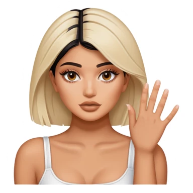 Kylie Jenner with both hands down holding onto an invisible edge, no water or jacuzzi visible sticker