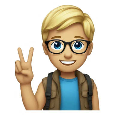 smiling boy with glasses outdoors, blue eyes, and he’s giving a peace sign  sticker