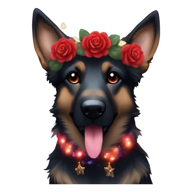 Bokeh Midnight constellation night stars Brindled striped brindle black German shepherd fox carrying glowing red lantern, fairy lights, rose flower crown, bokeh lights, out of focus blur sticker