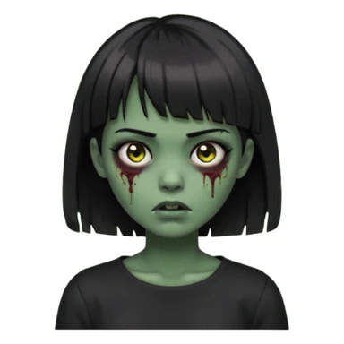 Zombie girl emoji verde escuro com cabelo curto liso preto no ombro e franja na altura da sobrancelha cobrindo completamente a testa, usando uma blusa preta, com olhos pretos  sticker
