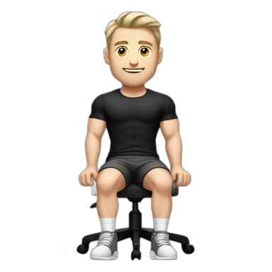 Pale skinned Fit Man With the biceps and dark brown hair in black shirt, gray sports shorts and white Sneakers Sitting on a chair sticker