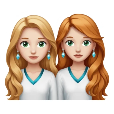 two girls top halfs, one with long wavy strawberry blonde hair and greenish blue eyes, white diamond earrings and wearing white, the other with straight black long hair, brown eyes, silver earrings and wearing black sticker