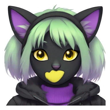 Gorgeous furry dark techwear style anthro black cat furry sona Fakemon face yellow-green eyes with ponytail, aesthetic and pretty edgy black with violet collar and harness trending style sticker
