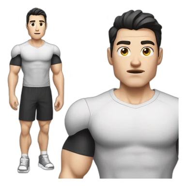 Confused Pale skinned Fit Man With the biceps and dark brown hair in black shirt, gray sports shorts and white Sneakers sticker