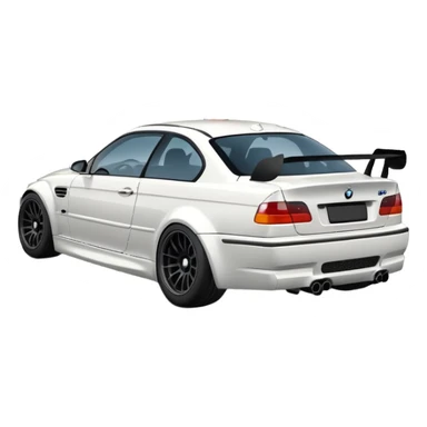 
A white BMW M3 E46 is shown drifting through a corner from a rear-view angle, with a slight wisp of smoke rising from the back and the wheels positioned at a certain angle relative to the turn. sticker