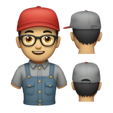 An Asian man with a beard and glasses, wearing an overalls and a button-up shirt and a dark cap with a red letter "M" design sticker