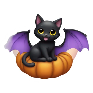 Cute black cat with bat wings sitting on a pumpkin holding a pastel Purple Heart sticker