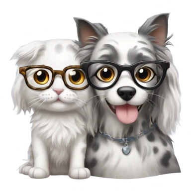 long-haired dilute calico cat wearing glasses sitting with a fluffy dalmatian wearing glasses sticker