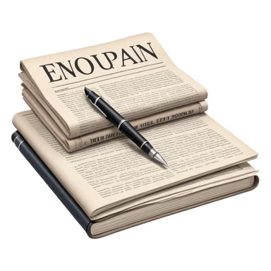 Create an emoji representing journalism and publicistic writing. The design should feature a stack of newspapers, an open notebook with visible text, and a single fountain pen placed near the notebook, symbolizing the act of writing. Use neutral, professional colors like black, white, and muted tones to convey a sense of seriousness and intellect. Do not include any emojis or smiley faces. Make the background transparent. sticker