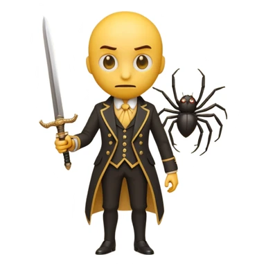 3d yellow emoji character in victorian suit nervously holding a tiny sword, facing a small cartoon spider, exaggerated brave face, retro 3d emoji render, simple white background sticker