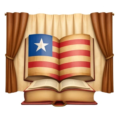 Ancient book with Puerto Rican flag on leather cover, theater curtain symbol carved in wood, warm vintage parchment textures, soft golden glow representing timelessness and theatrical heritage sticker