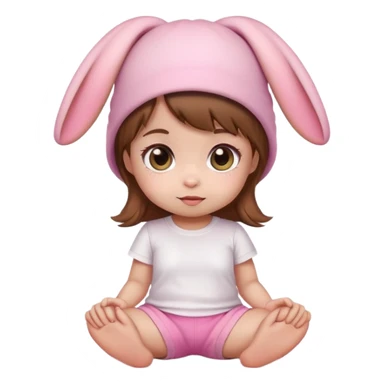 Kawaii baby girl emoji, sitting, brown hair, big eyes, pink bunny ear hat, white t-shirt, pink shorts sticker