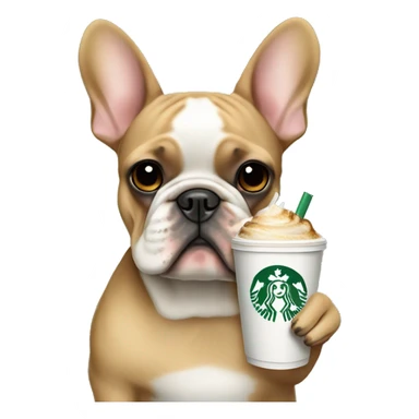 Black and tan French bulldog holding a Starbucks iced chai sticker