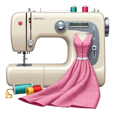 Sewing icon, measuring tape, pins, scissors, and a dress in progress, sewing machine with thread, visible needle, spools of thread, fabric pieces cut according to patterns, minimalistic style, clean lines, transparent background. sticker