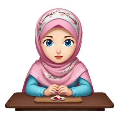 Turkish beautiful finish Konya girl blue eyes with cherry blossom floral hijab islamic dress and with yummy Drooling face on the table sticker