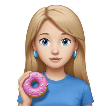 una ragazza dall‘ età di 19 anni con capelli biondo scuro lunghi e lisci ,  occhi celesti,  con addosso una maglietta con una ciambella e le cuffie airpods (bianche) ascoltando violetta sticker