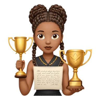 generate an emoji for this phrase, Start strong to earn trust and be noticed. End strong to be remembered. make it a black woman in braids updo looking determined with a white script in hand and a trophy sticker