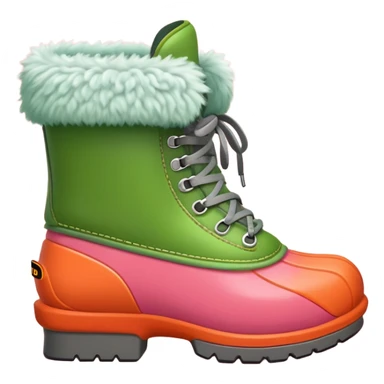 A cute and colorful cartoon-style shoe emoji, inspired by a winter boot. The boot has a red base, orange middle section, gray laces, and a thick green fuzzy collar. The shoe has a rounded, friendly shape with soft textures and a toy-like appearance. Set on a simple pink background. Designed in 3D style like Pixar or DreamWorks animation. sticker