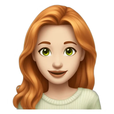 beautiful girl, white, with long loose wavy hair, orange hair,light green eyes, looks like Angelina Jolie, smiles at the camera, good teeth, white sweater, realistic drawing sticker