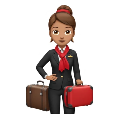 flight attendant, Light Brown skin, brown hair in single bun, neck scarf, suitcase sticker