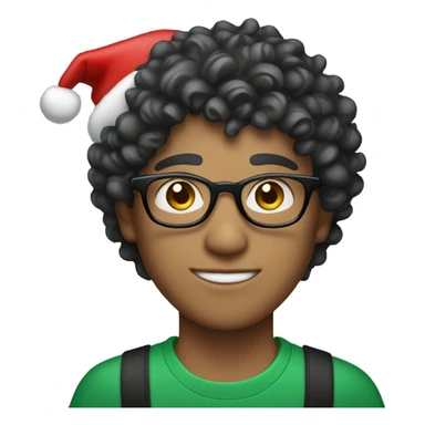 Unisex person ’light skin’ ’short curly dark green hair’ in a ’red Santa hat’ and black tshirt and round glasses  sticker