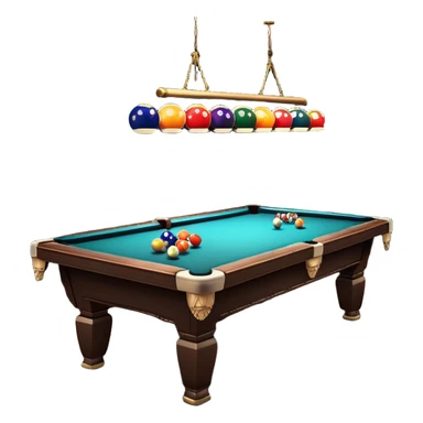 A well-arranged pool table with colorful billiard balls neatly placed, and a cue stick poised to take a shot. The setting is a dimly lit room with a focused atmosphere, highlighting the precision and strategy involved in the game of billiards. sticker
