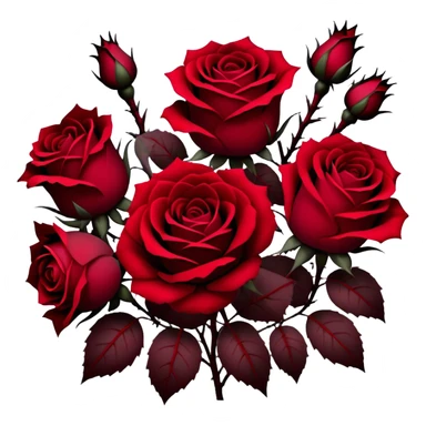 A hauntingly beautiful scene of deep red Gothic roses, their velvety petals unfolding in shades of ruby, burgundy, and scarlet. Dark thorns twist around them, emerging from the shadows like a forbidden love story. sticker