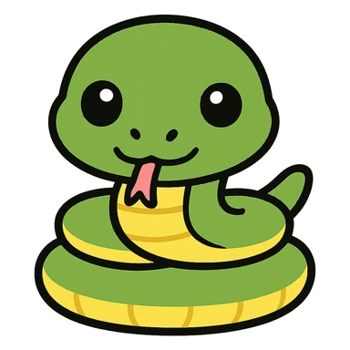 Make the baby anaconda look even younger and cuter, with a rounder face, bigger eyes, and a smaller body, in a simple and adorable emoji style, no background. sticker