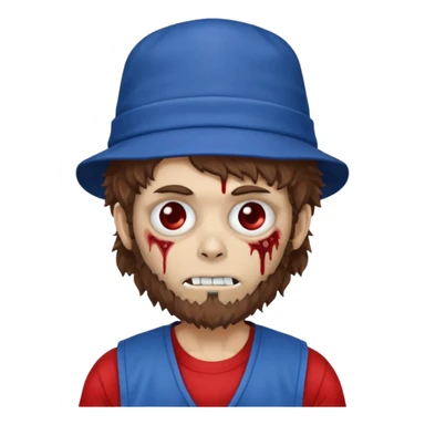 brown fluffy hair zombie with blue and white hat dark blue jilet red t shirt sticker