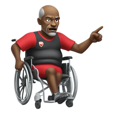 old black bald man with a protruding round pot belly in wheelchair. angry face. grey stubble. he is pointing finger in front. Arsenal soccer shirt. mouth word bubble sticker