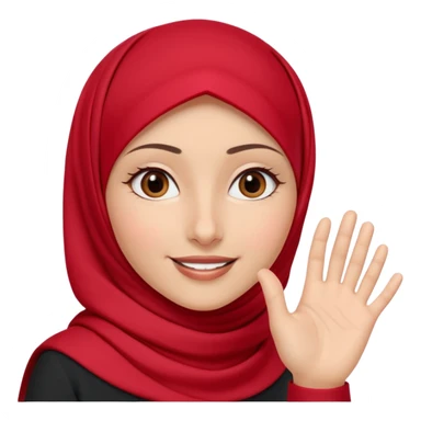 The character gently waves her hand in a slow friendly motion, warm welcoming smile, soft sparkle animation around her, red hijab accents flowing slightly, calm and kind expression, text below in rounded 3D font: “Assalamu alaykum”
🎞 Animation idea: hand wave + eye blink sticker